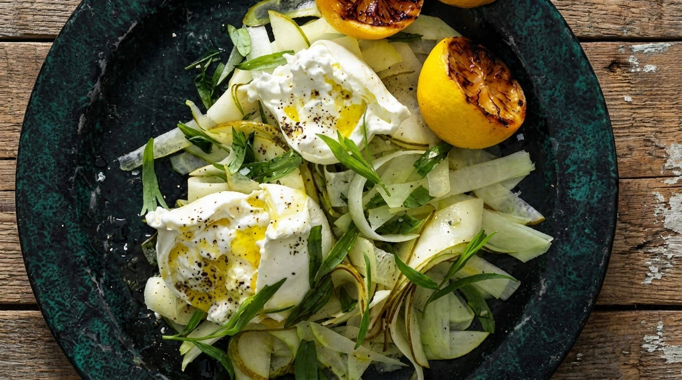 Sallad med kålrabbi, päron och burrata
